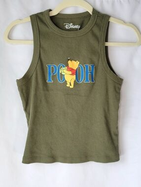 Disney Winnie The Pooh Juniors L Green Ribbed High Neck Tank Top Graphic Tee